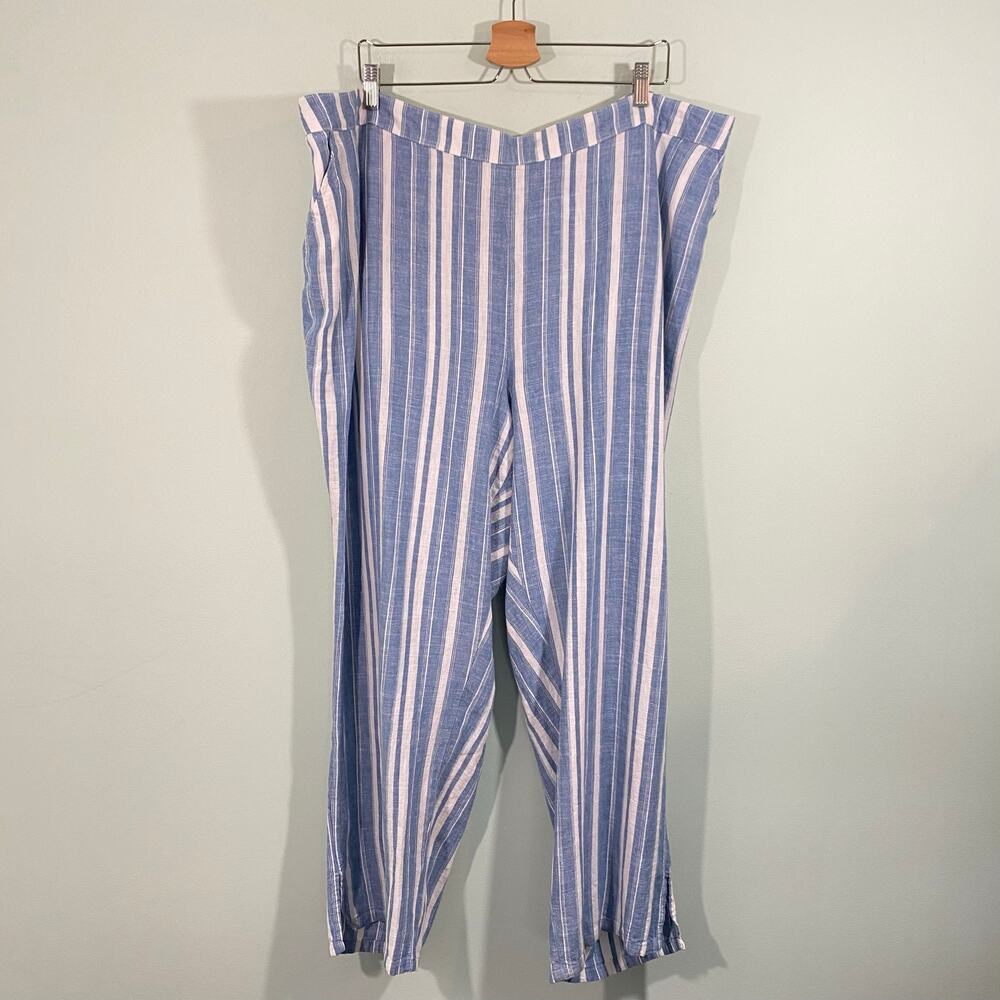 Catherines Women Blue & White Striped Linen Rayon Blend Pull On Pants Size 3X